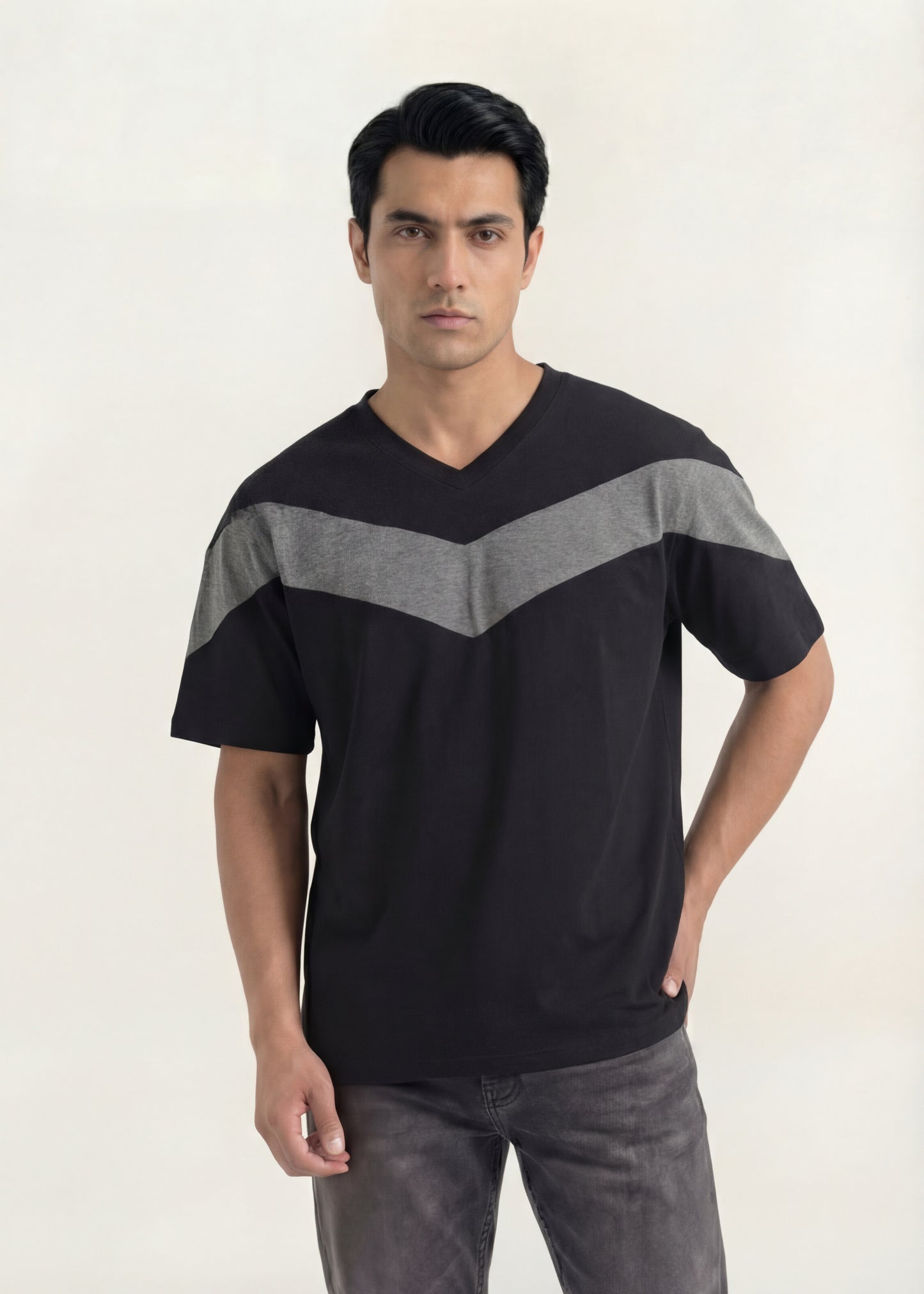 Black & Grey Chevron V-Neck T-Shirt