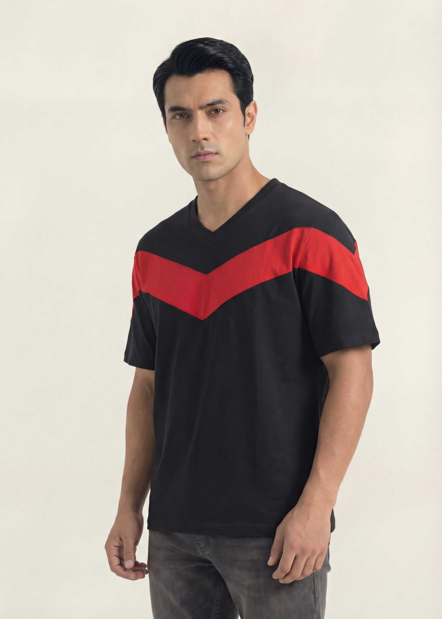Black & Red Chevron V-Neck T-Shirt