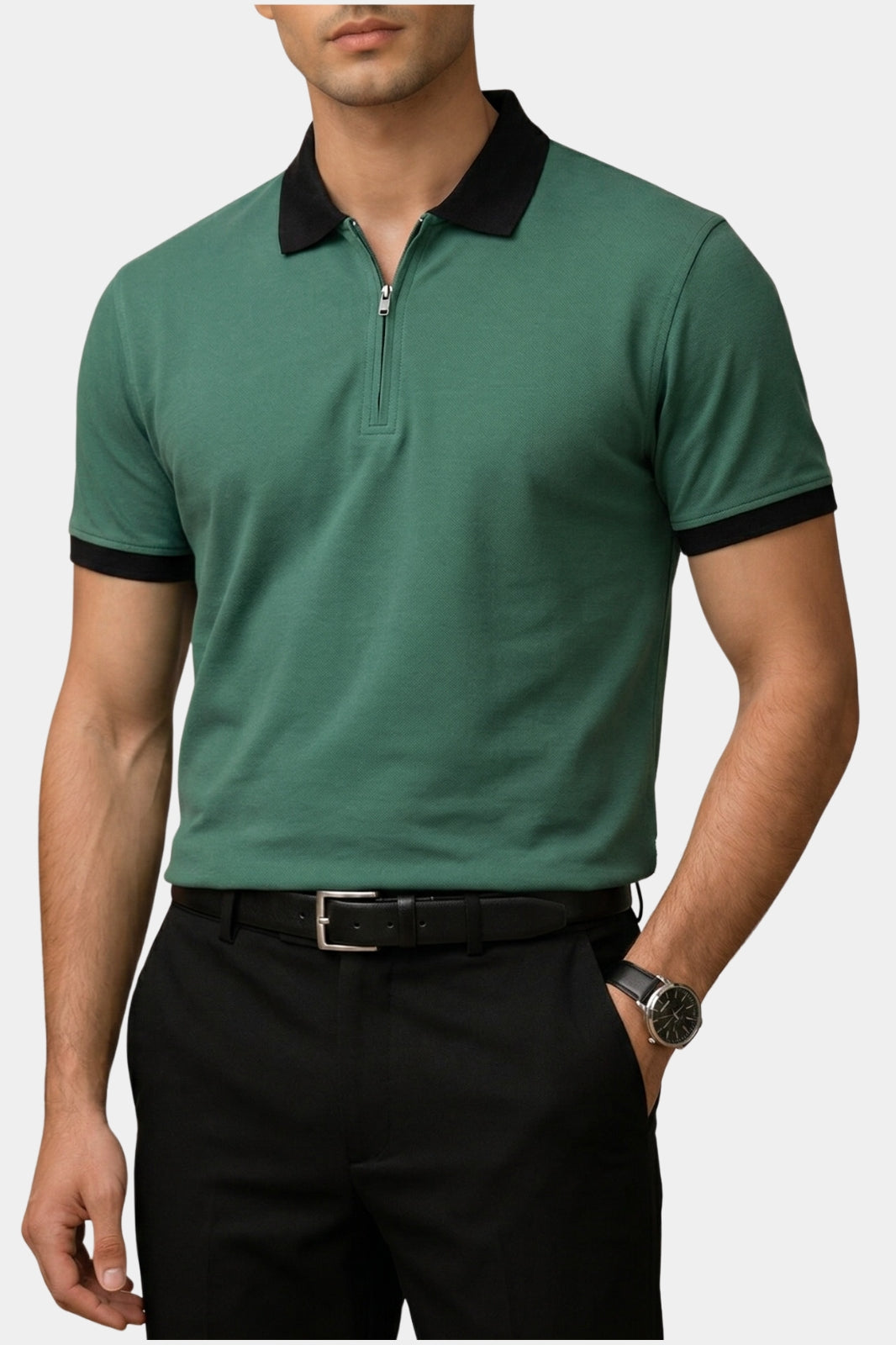 Contrast Collar Zip Polo Shirt — Dark Green