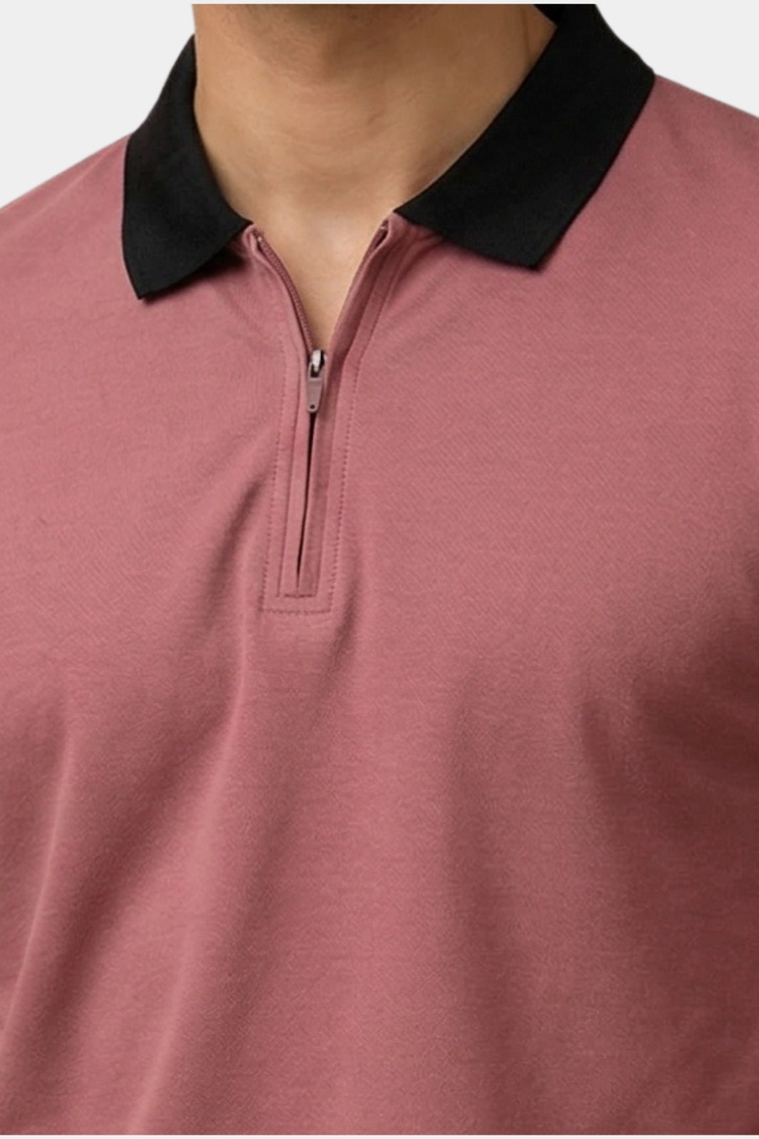 Contrast Collar Zip Polo Shirt — Dusty Pink
