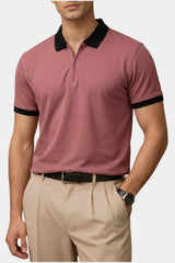 Contrast Collar Zip Polo Shirt — Dusty Pink