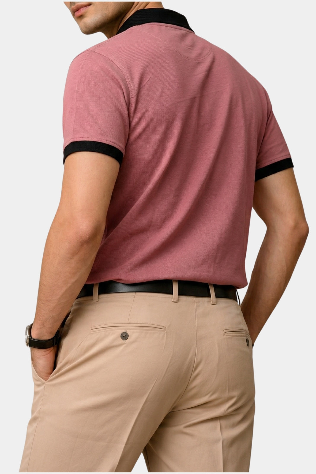 Contrast Collar Zip Polo Shirt — Dusty Pink