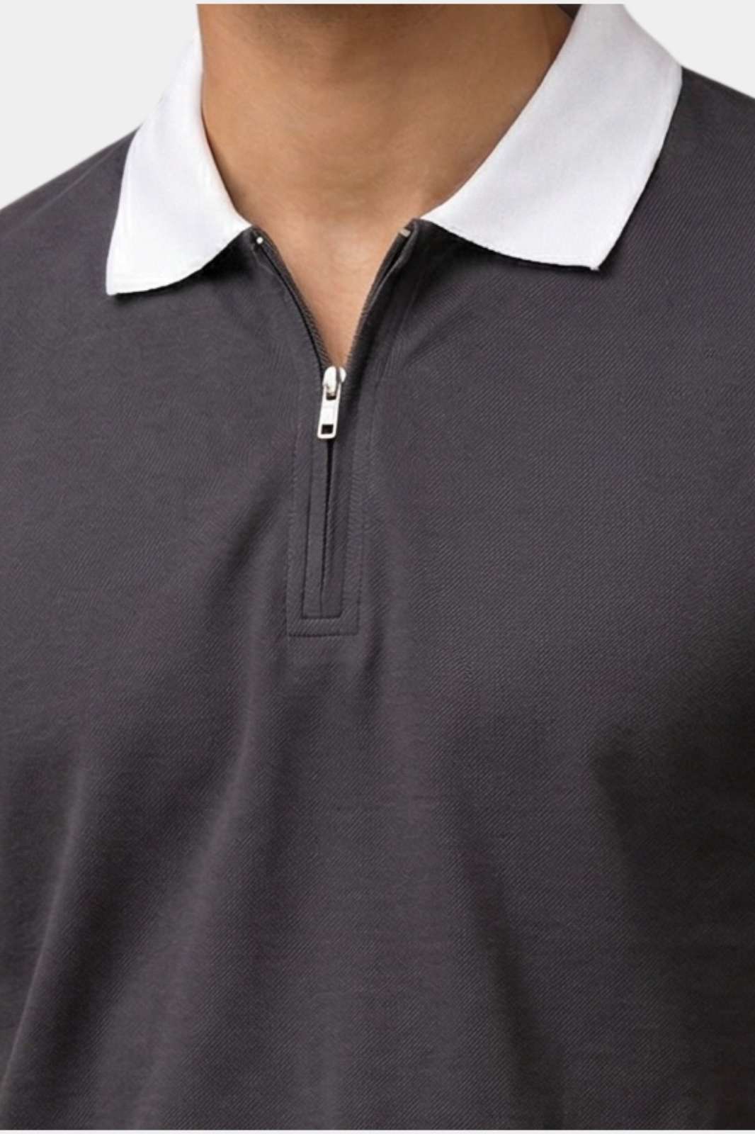 Contrast Collar Zip Polo Shirt — Charcoal Gray