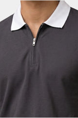 Contrast Collar Zip Polo Shirt — Charcoal Grey