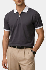 Contrast Collar Zip Polo Shirt — Charcoal Grey
