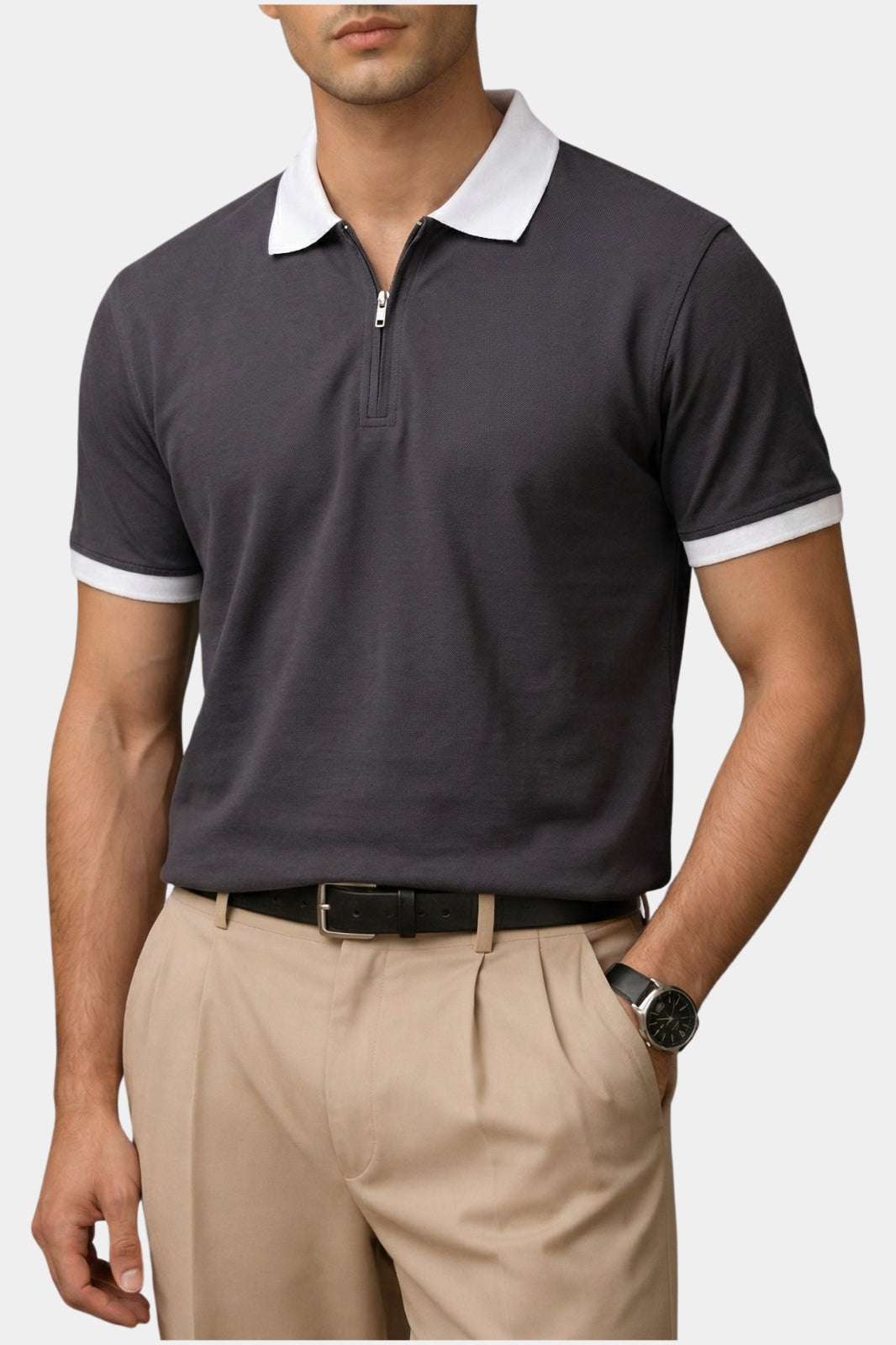 Contrast Collar Zip Polo Shirt — Charcoal Grey