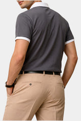 Contrast Collar Zip Polo Shirt — Charcoal Grey