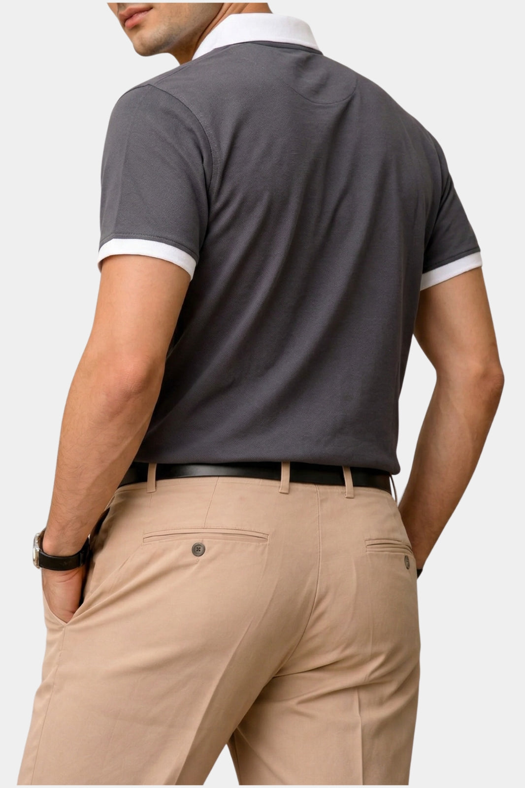 Contrast Collar Zip Polo Shirt — Charcoal Grey
