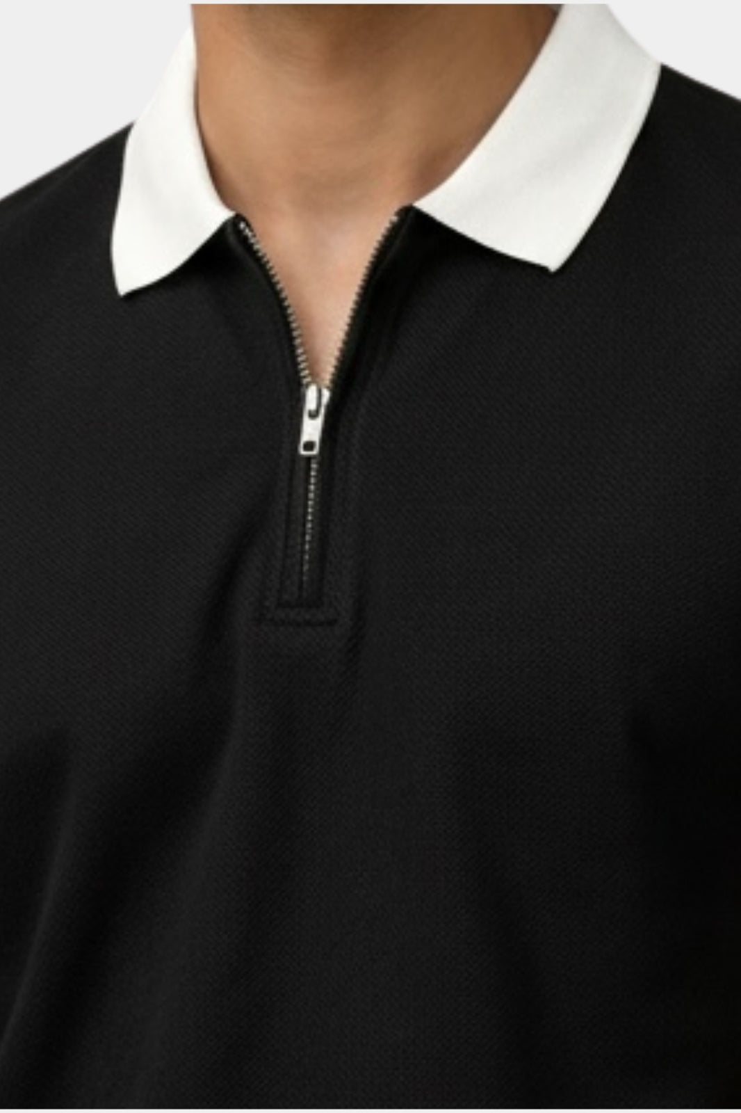 Contrast Collar Zip Polo Shirt — Black