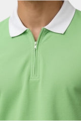 Contrast Collar Zip Polo Shirt — Green