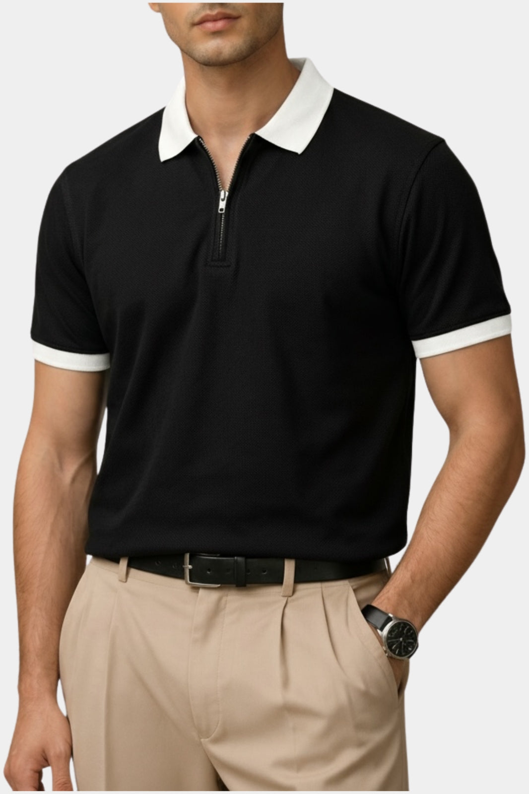 Contrast Collar Zip Polo Shirt — Black