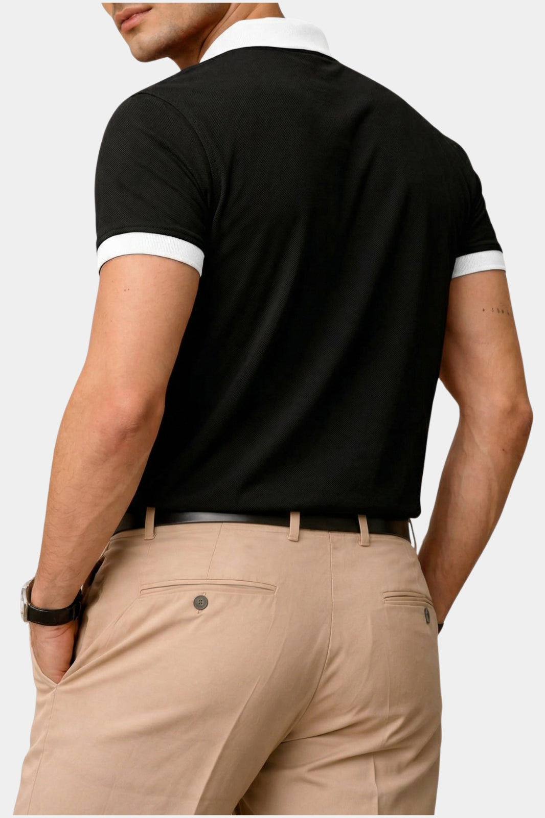 Contrast Collar Zip Polo Shirt — Black