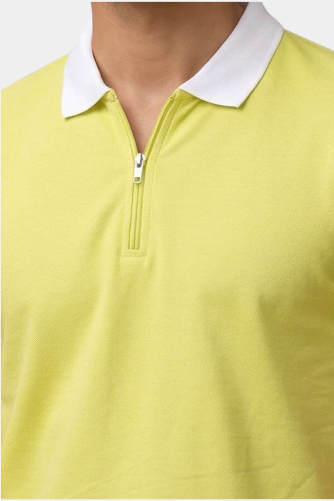 Contrast Collar Zip Polo Shirt — Lime Yellow