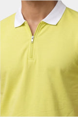 Contrast Collar Zip Polo Shirt — Lime Yellow