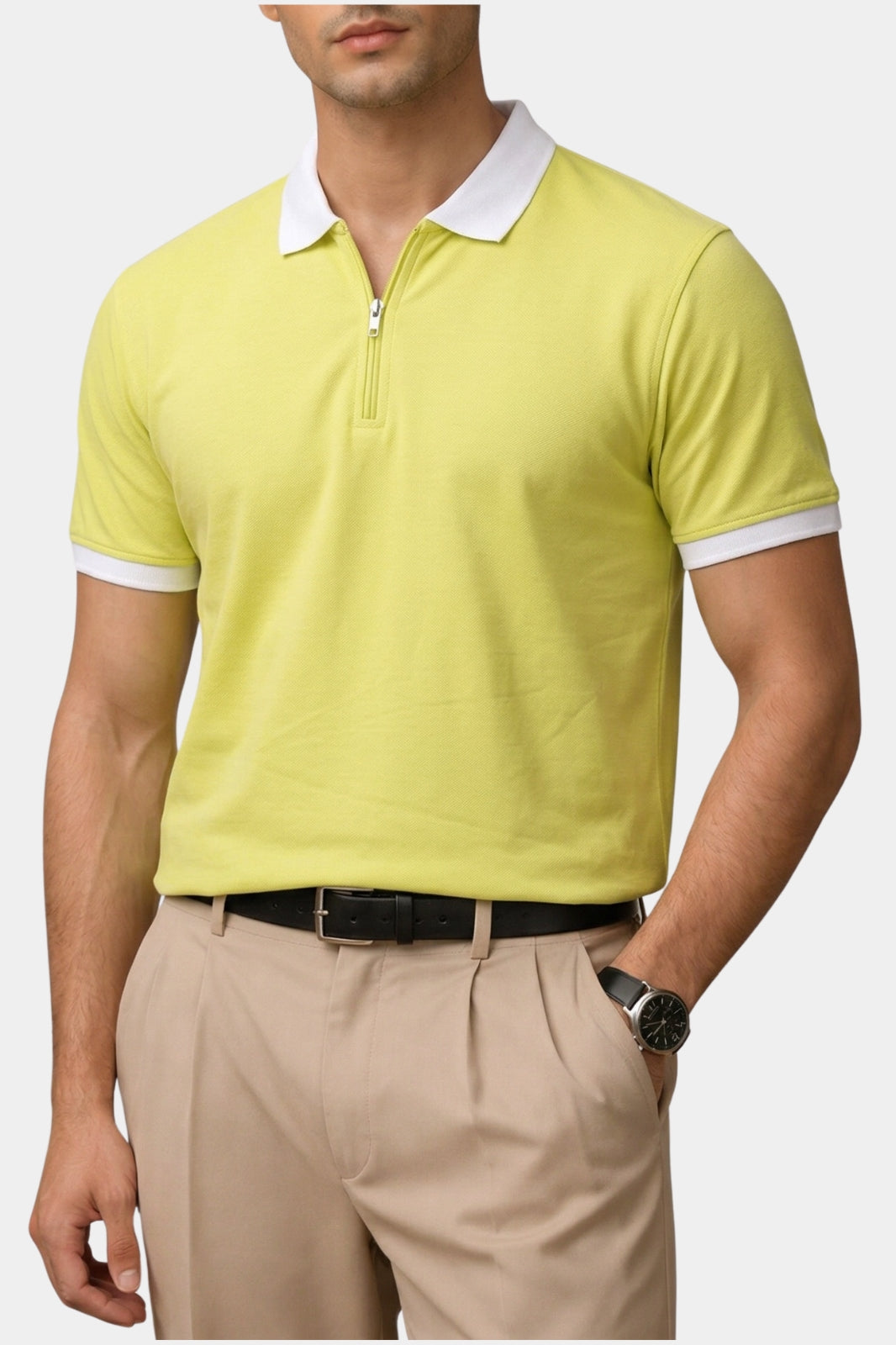 Contrast Collar Zip Polo Shirt — Lime Yellow