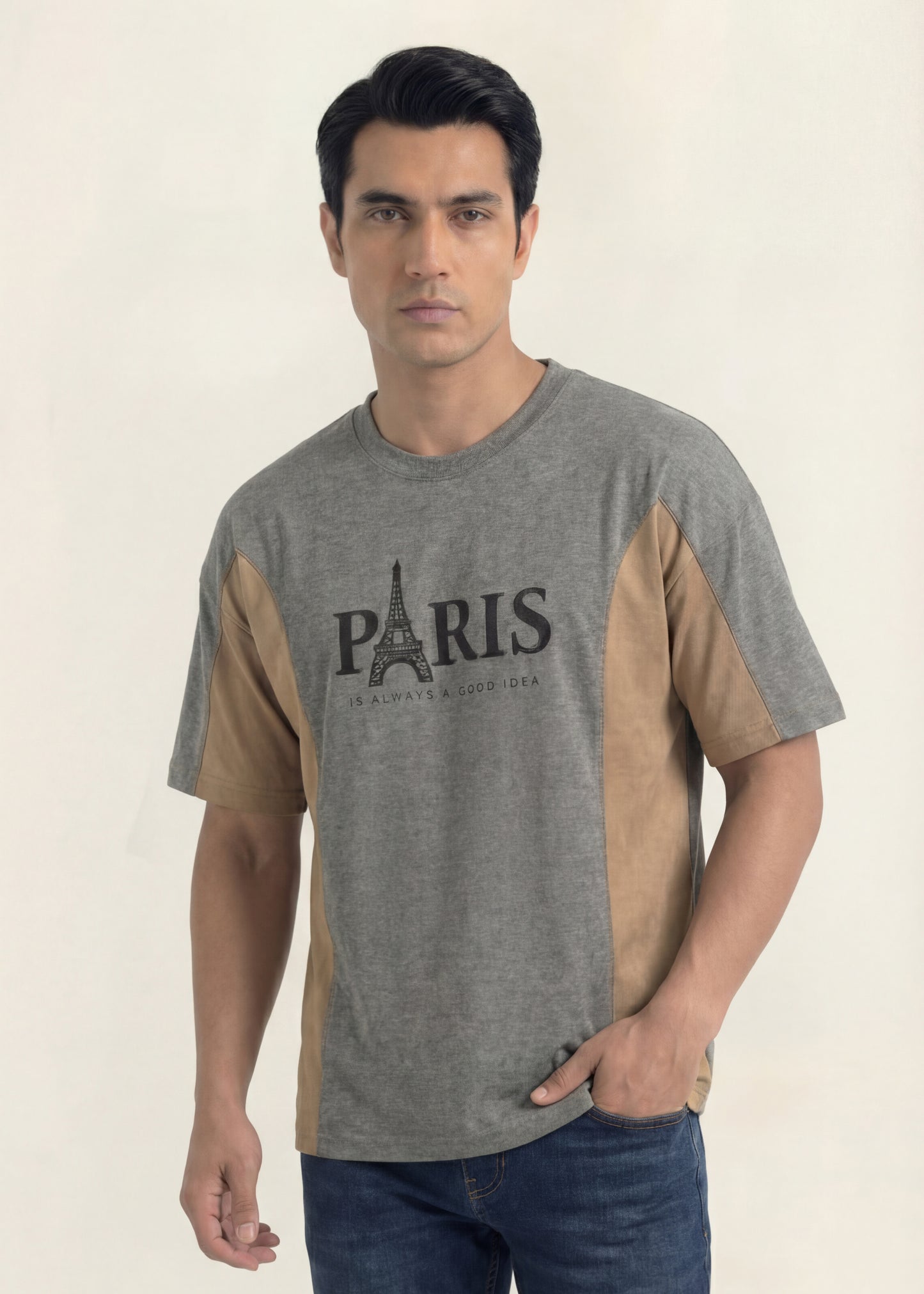 Paris Statement Panel Tee (Grey & Sand)
