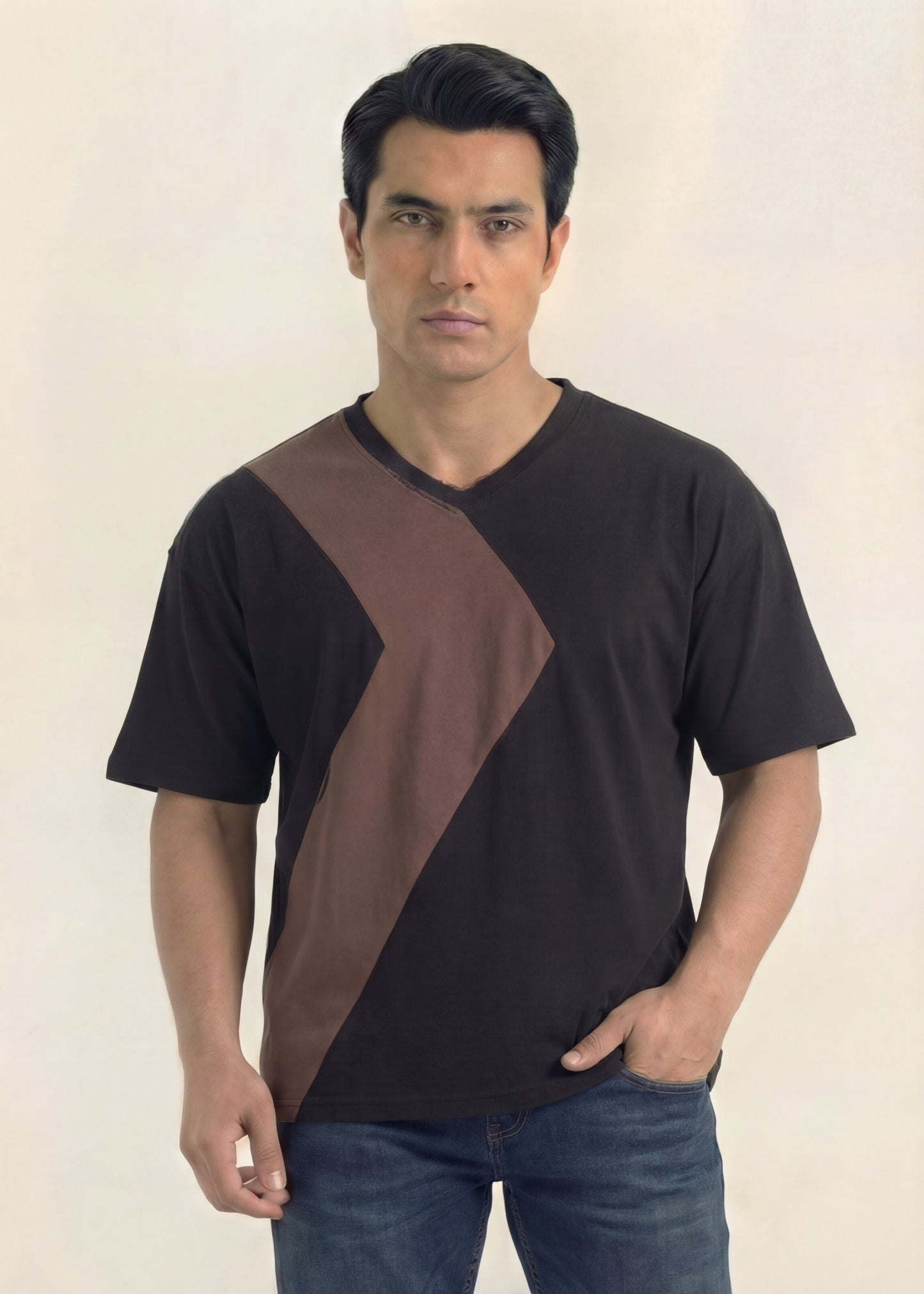 Midnight Brown Contrast Panel V-Neck T-Shirt