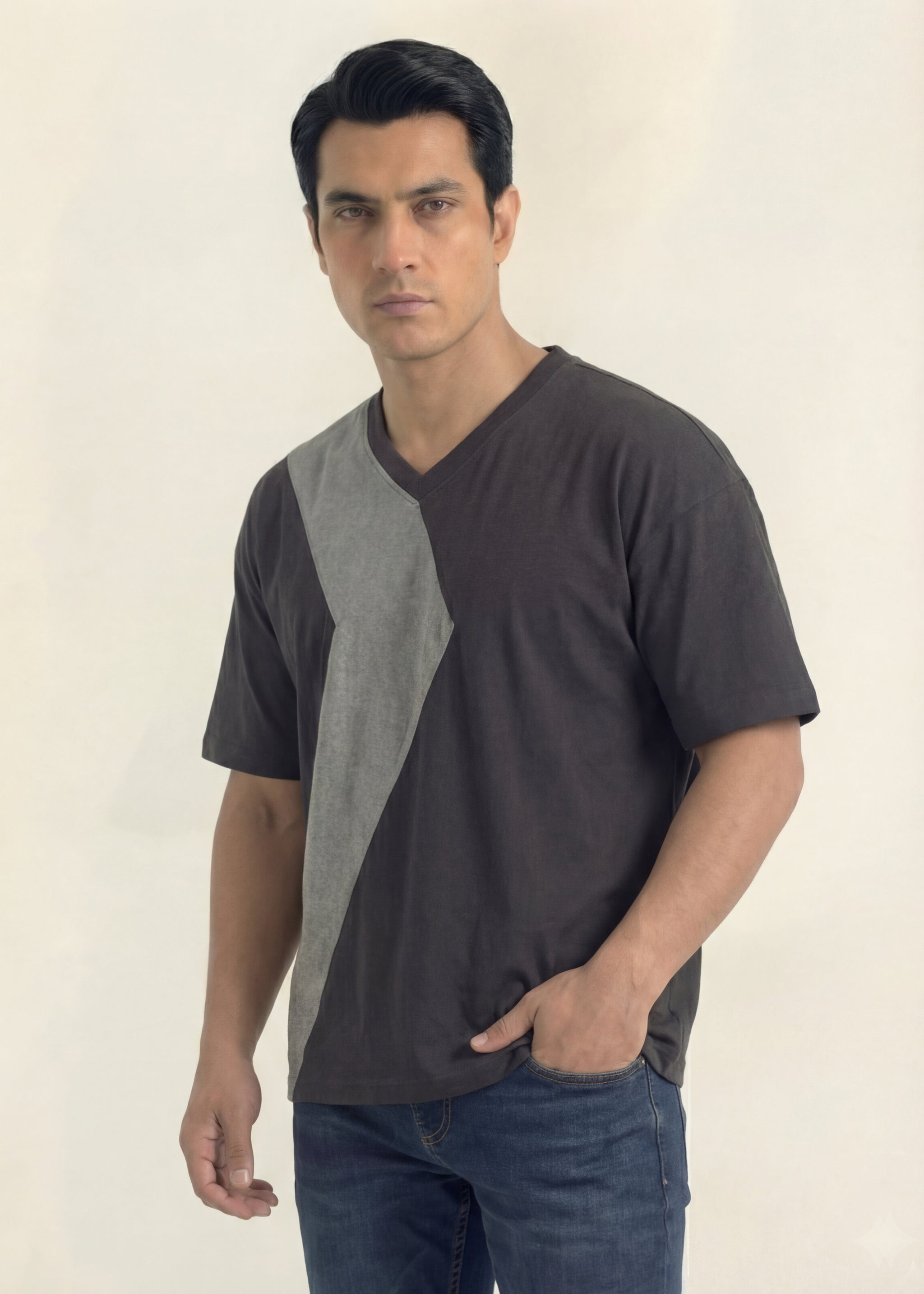 Midnight Contrast Panel V-Neck T-Shirt