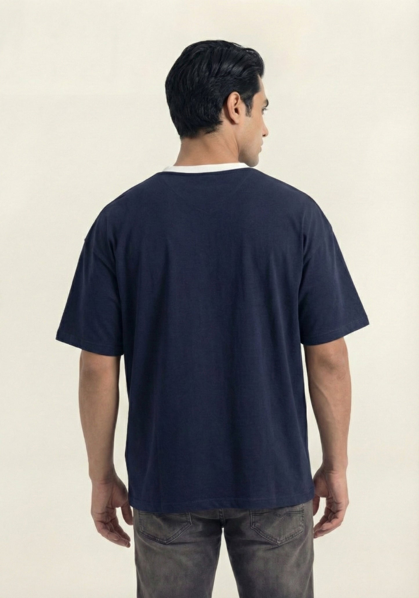 Navy White Contrast Panel V-Neck T-Shirt