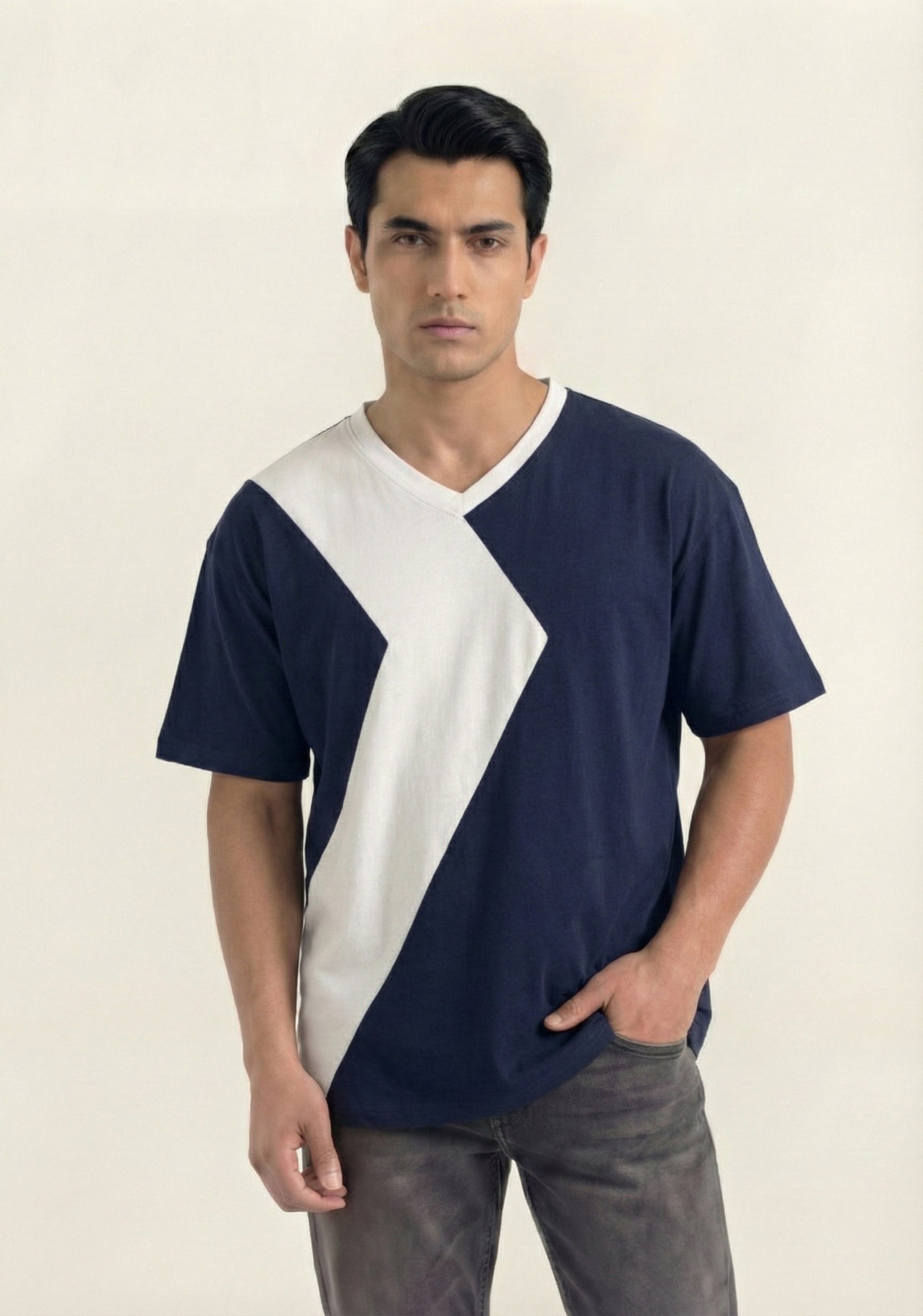 Navy White Contrast Panel V-Neck T-Shirt