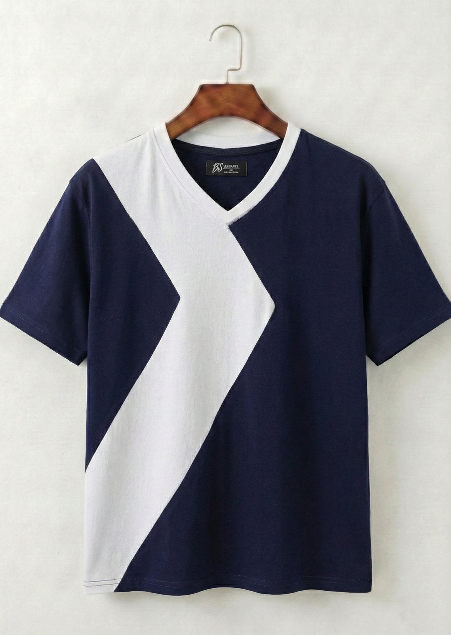 Navy White Contrast Panel V-Neck T-Shirt