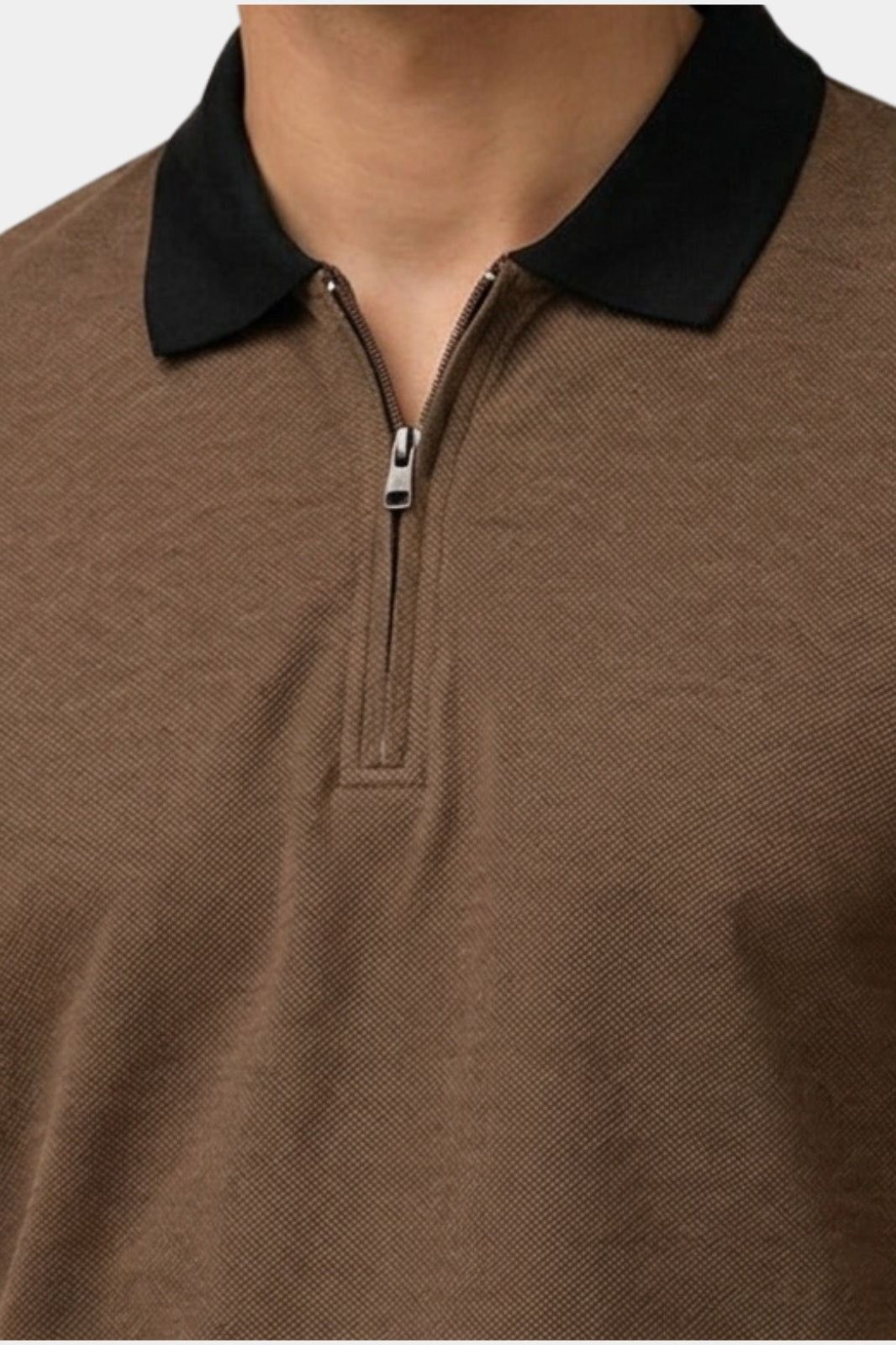 Contrast Collar Zip Polo Shirt — Brown