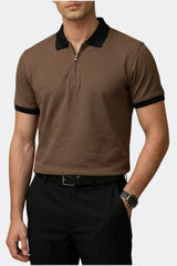 Contrast Collar Zip Polo Shirt — Brown