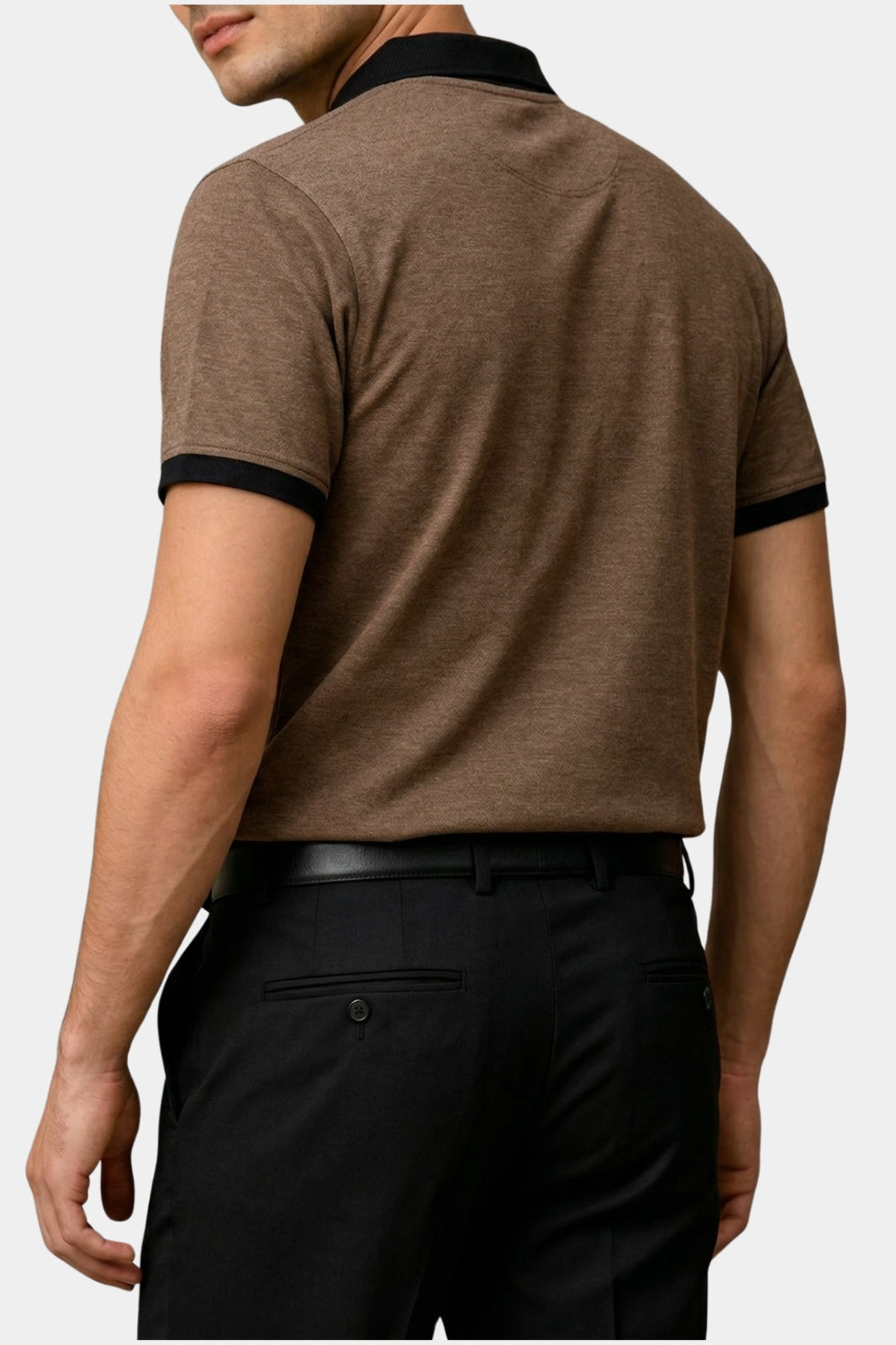 Contrast Collar Zip Polo Shirt — Brown