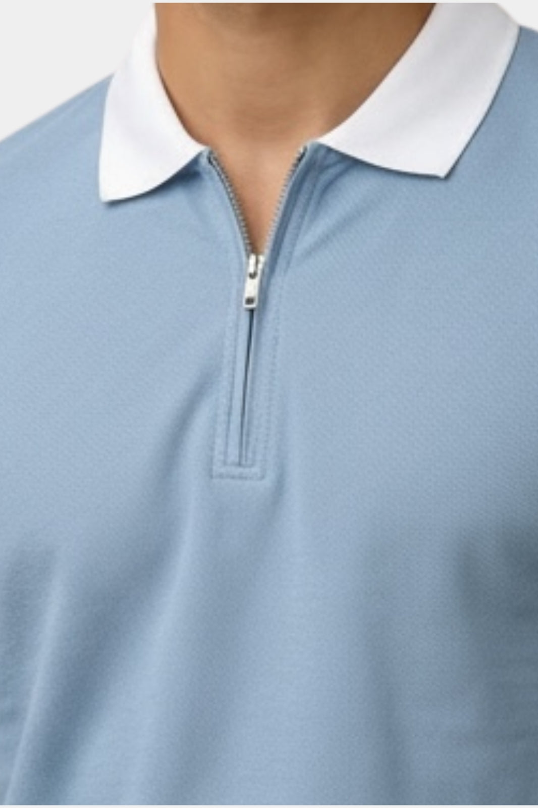 Contrast Collar Zip Polo Shirt — Sky Blue