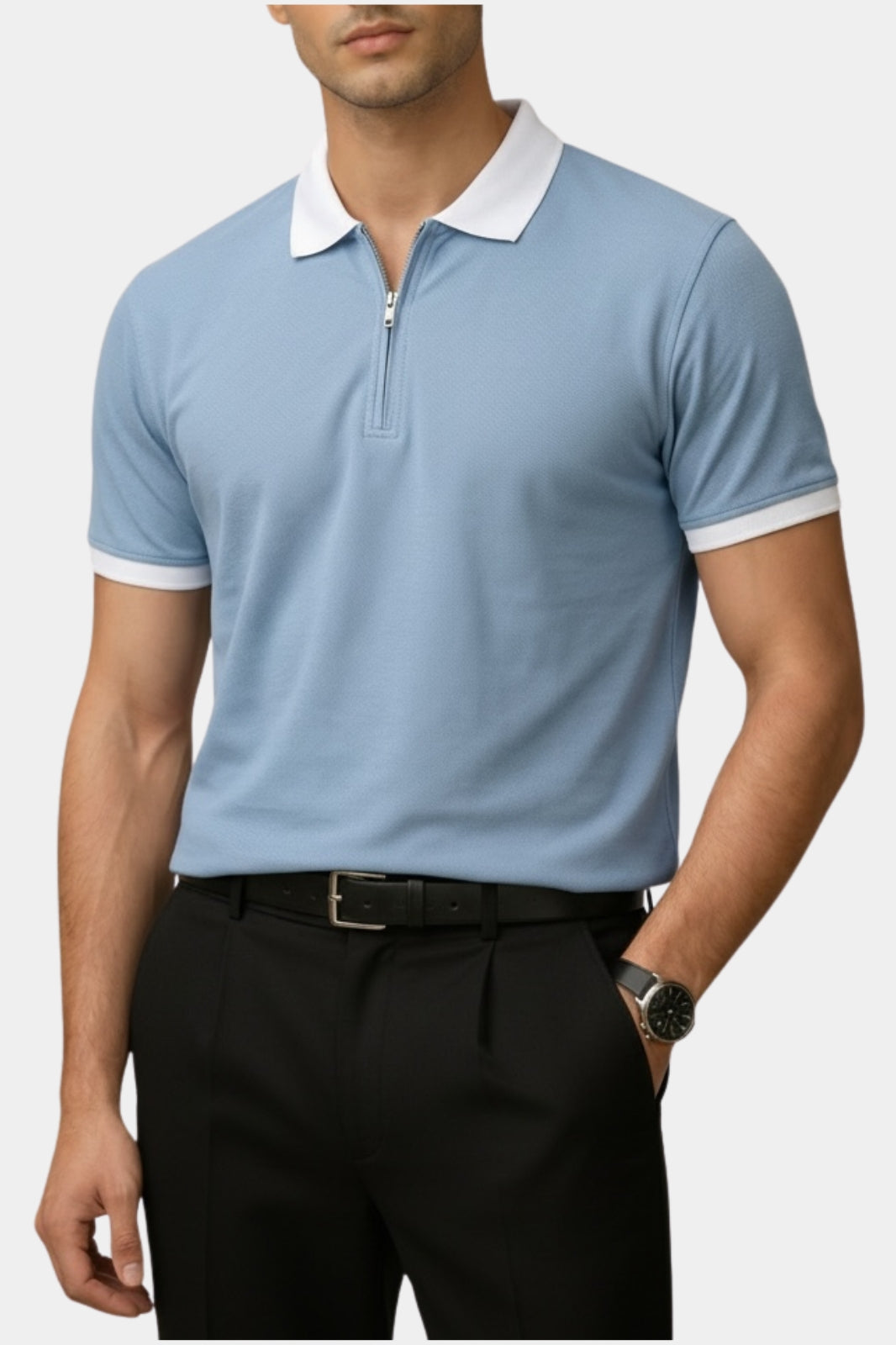 Contrast Collar Zip Polo Shirt — Sky Blue