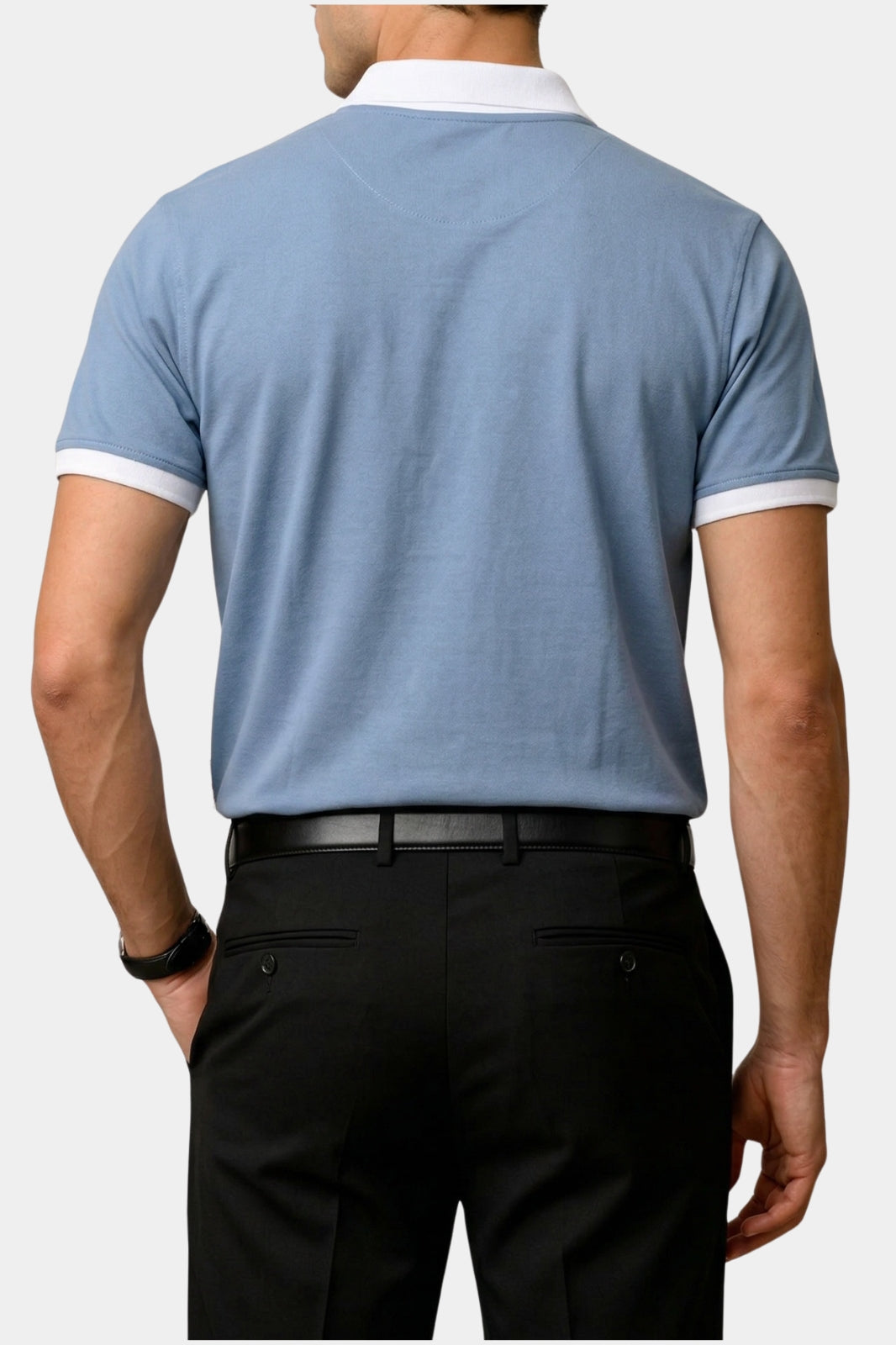 Contrast Collar Zip Polo Shirt — Sky Blue
