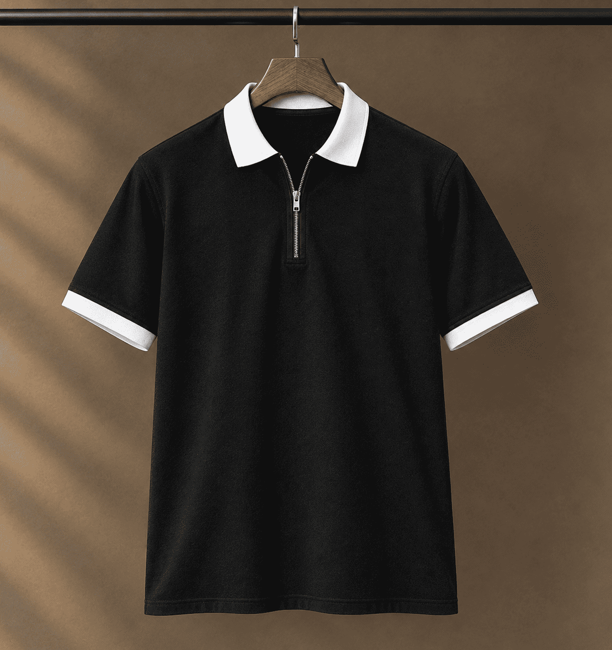 Contrast Collar Zip Polo Shirt — Black