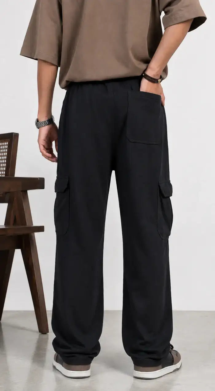Loose Fit Cotton Terry Cargo Trouser For Men (Black)