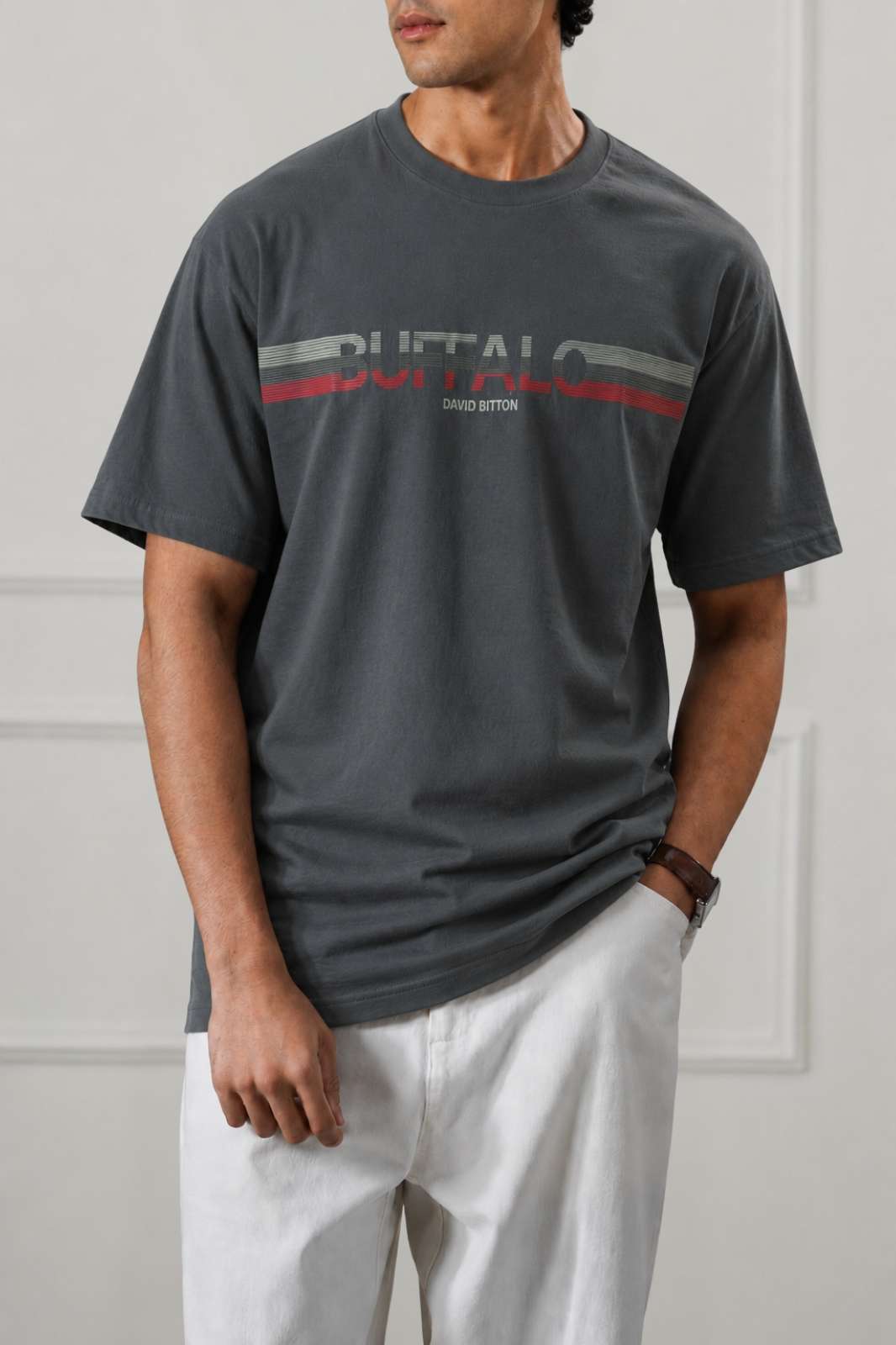 Stripe Logo Graphic Drop Shoulder T-Shirt | Gray
