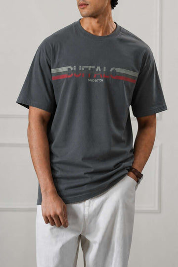Stripe Logo Graphic Drop Shoulder T-Shirt | Gray