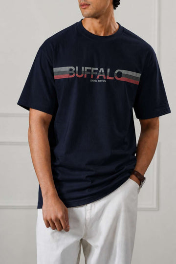 Stripe Logo Graphic Drop Shoulder T-Shirt | Navy Blue