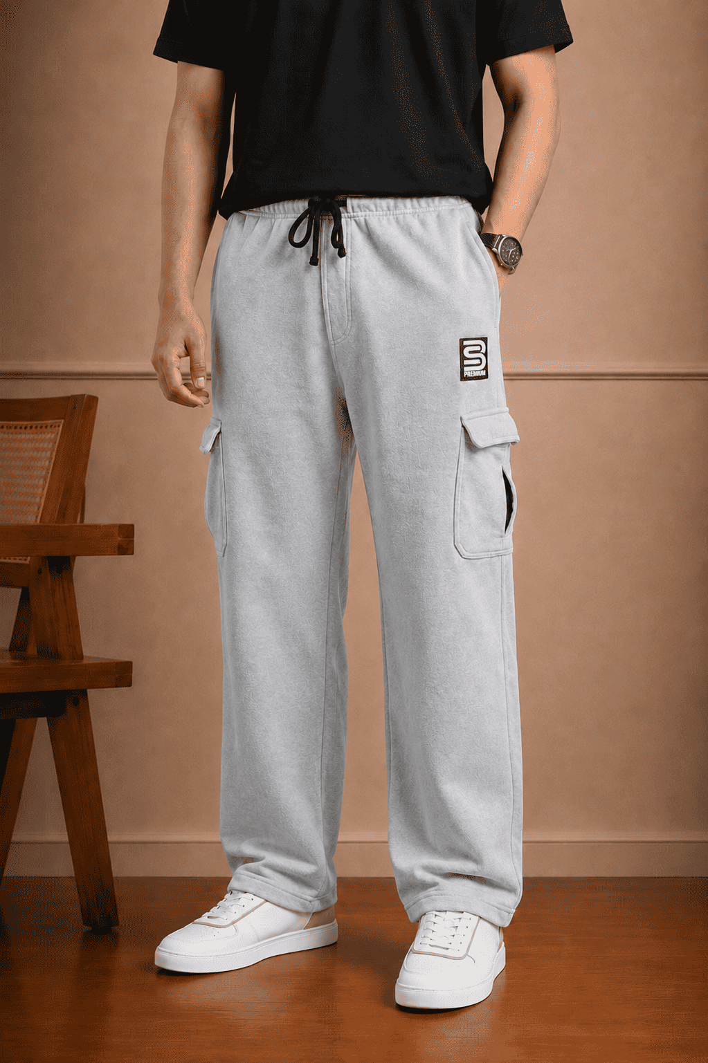 Loose Fit Cotton Terry Cargo Trouser For Men (Heather Gray)