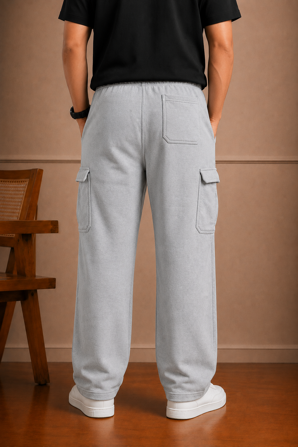 Loose Fit Cotton Terry Cargo Trouser For Men (Heather Gray)