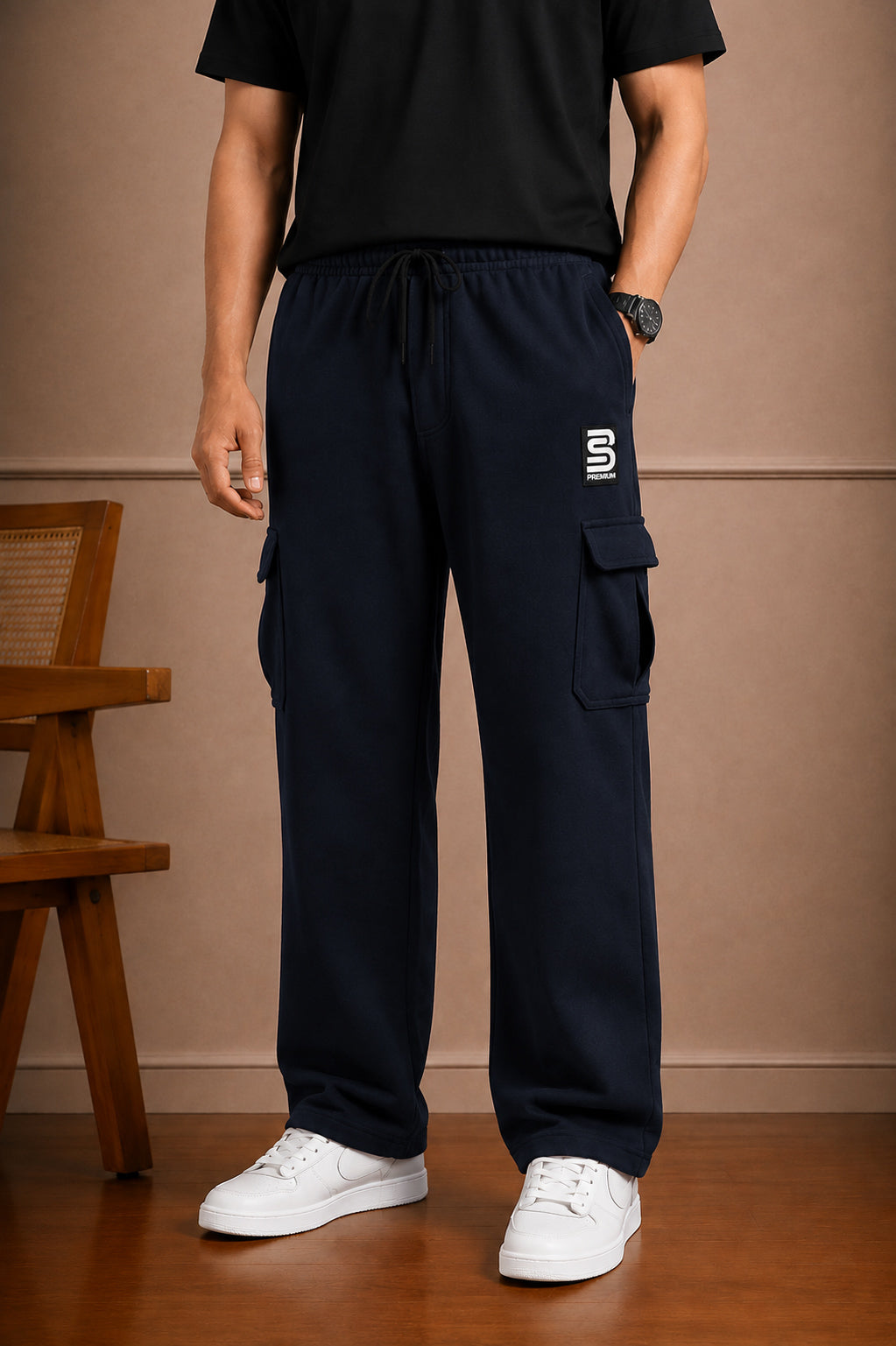 Loose Fit Cotton Terry Cargo Trouser For Men (Navy)