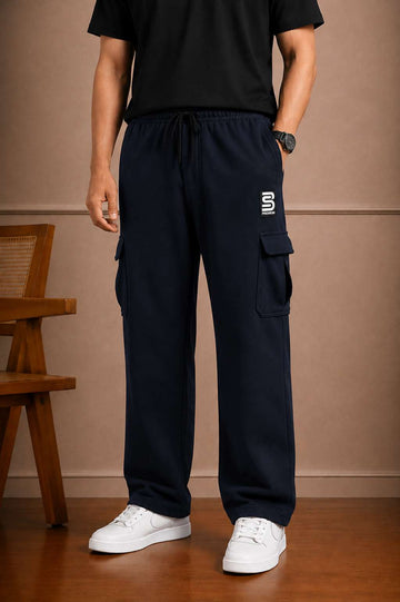 Loose Fit Cotton Terry Cargo Trouser For Men (Navy)