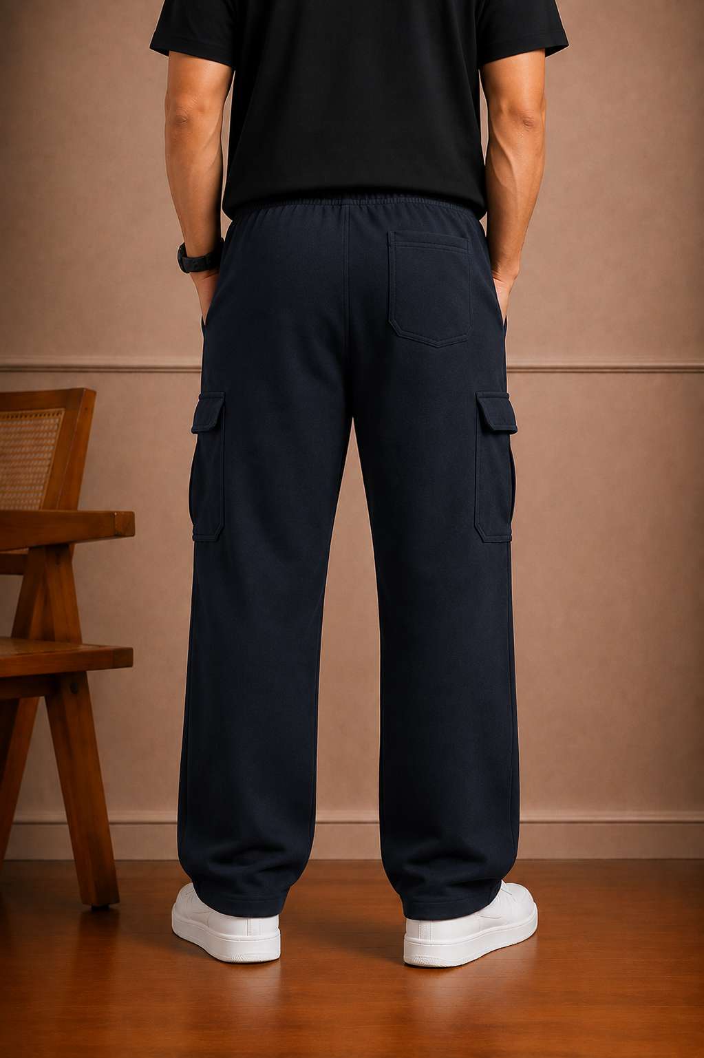 Loose Fit Cotton Terry Cargo Trouser For Men (Navy)