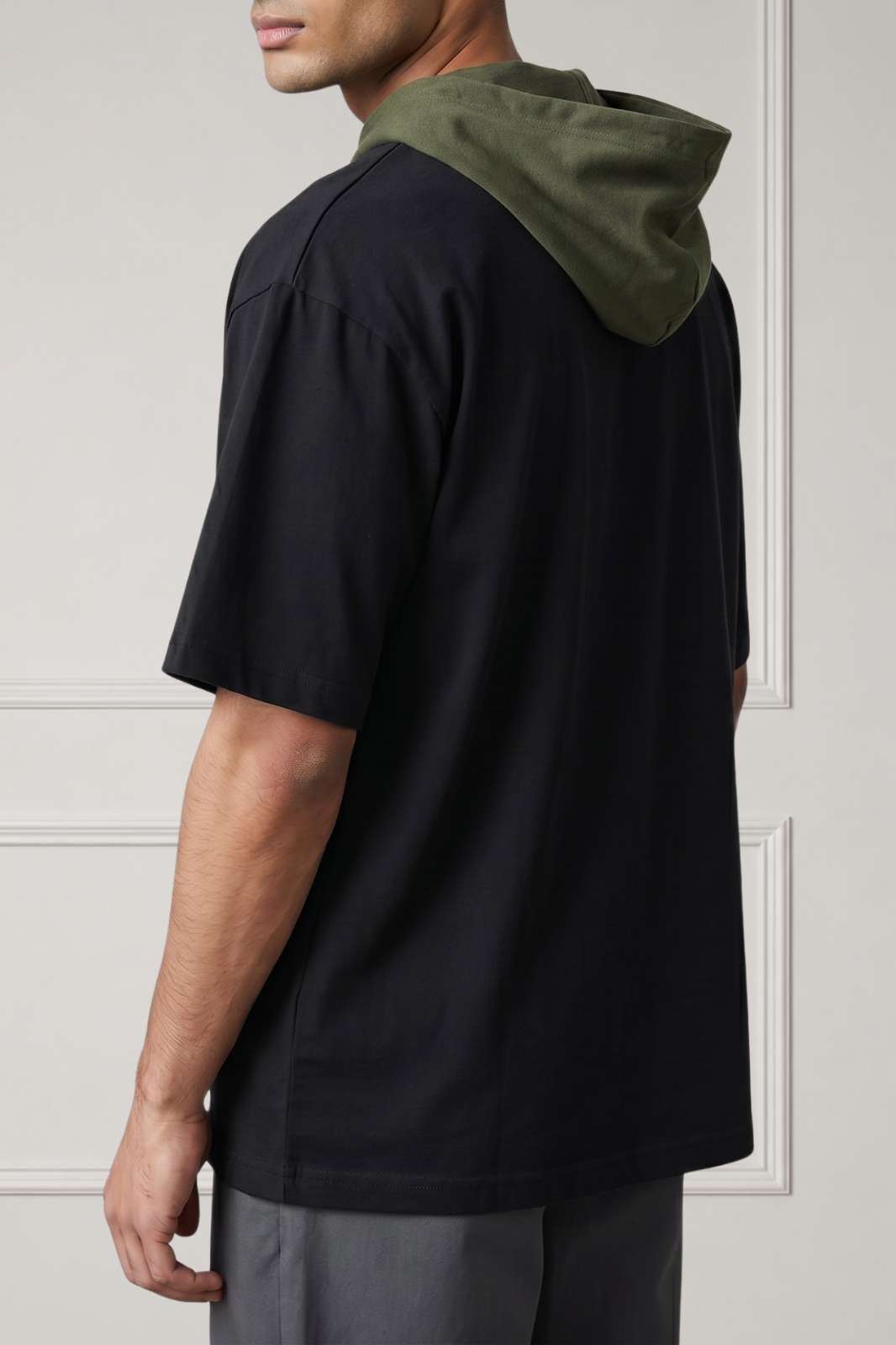 Dual Tone Hooded Short Sleeve T-Shirt Zippered Neckline | Green