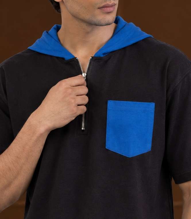Dual Tone Hooded Short Sleeve T-Shirt Zippered Neckline | Midnight Blue