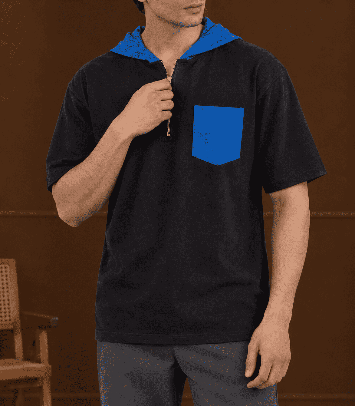 Dual Tone Hooded Short Sleeve T-Shirt Zippered Neckline | Midnight Blue