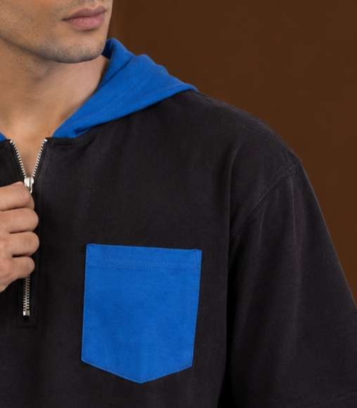 Dual Tone Hooded Short Sleeve T-Shirt Zippered Neckline | Midnight Blue