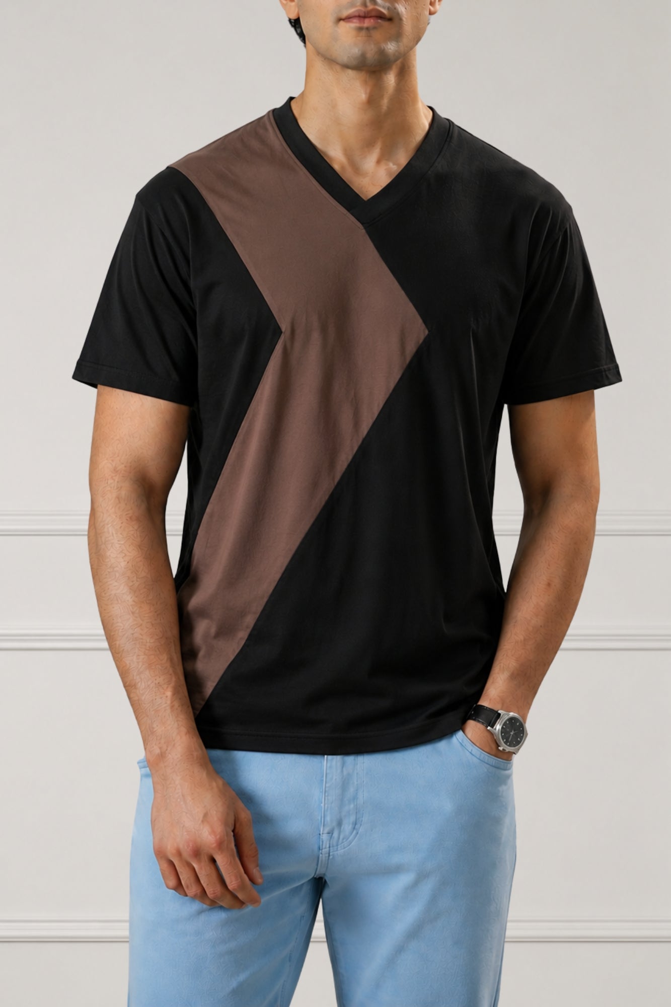 Midnight Brown Contrast Panel V-Neck T-Shirt