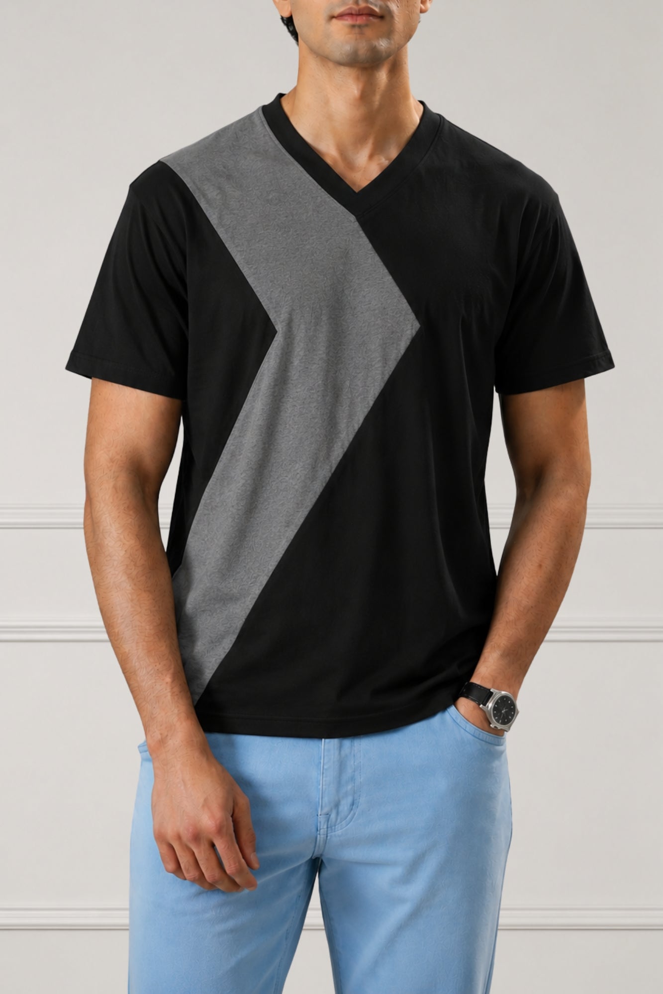 Midnight Contrast Panel V-Neck T-Shirt