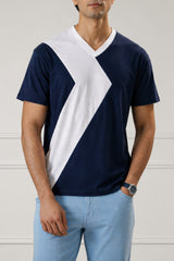 Navy White Contrast Panel V-Neck T-Shirt