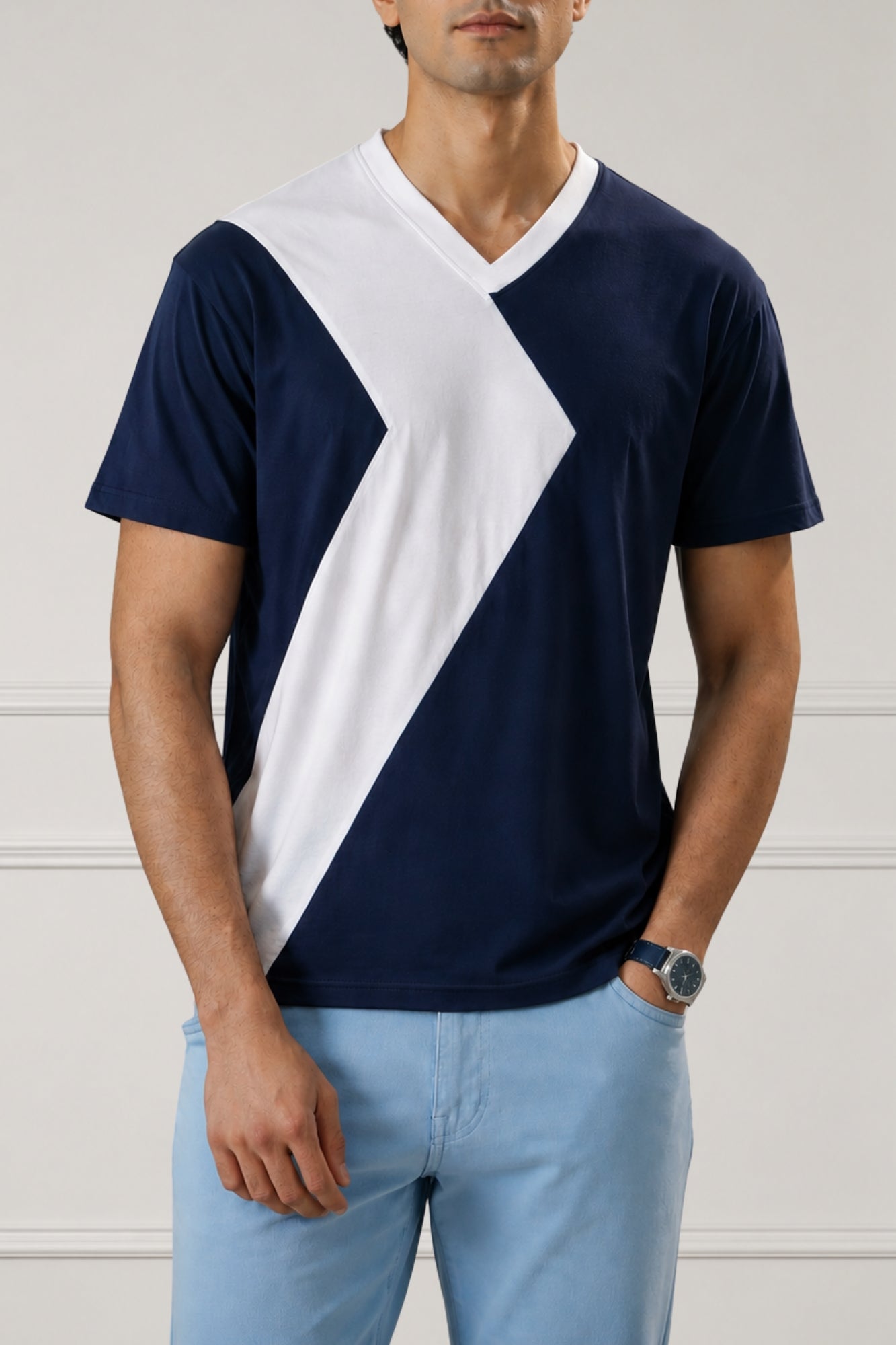 Navy White Contrast Panel V-Neck T-Shirt