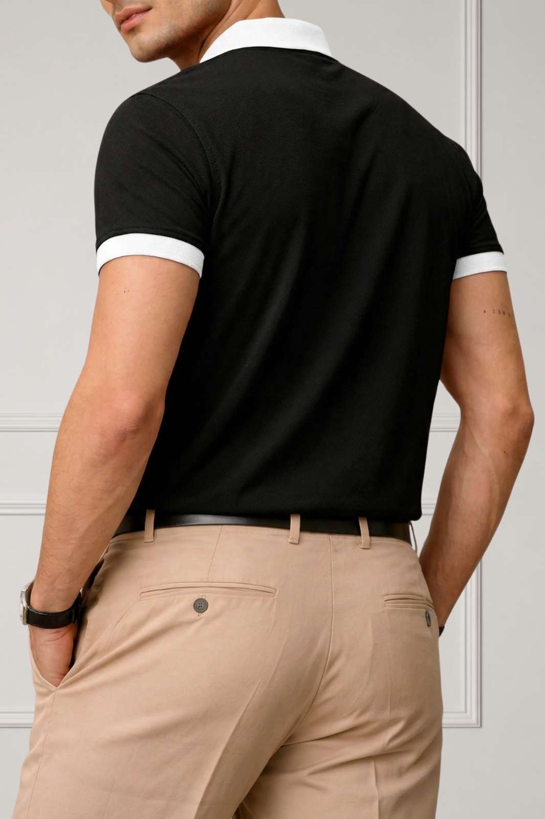 Contrast Collar Zip Polo Shirt — Black